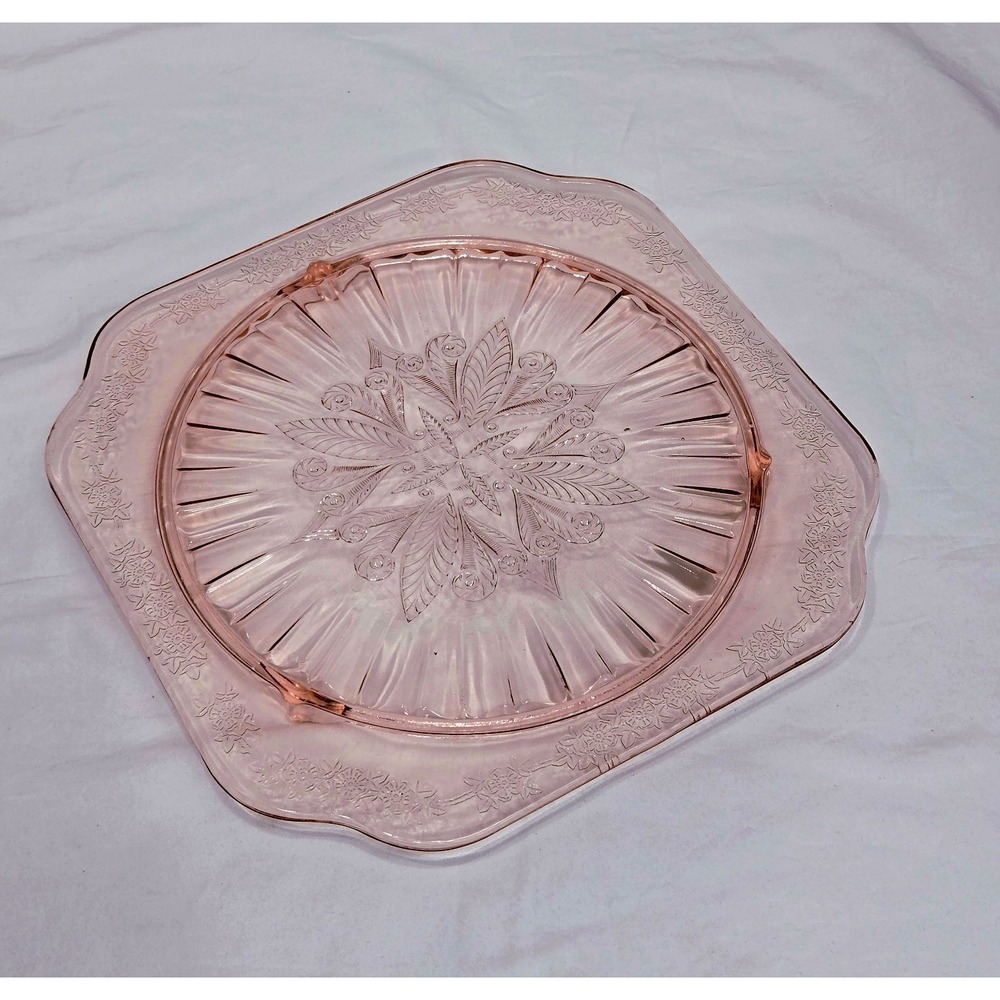 Depression Pink Square Jeannette Glass Adam Floral Footed Cake Plate 9.75"